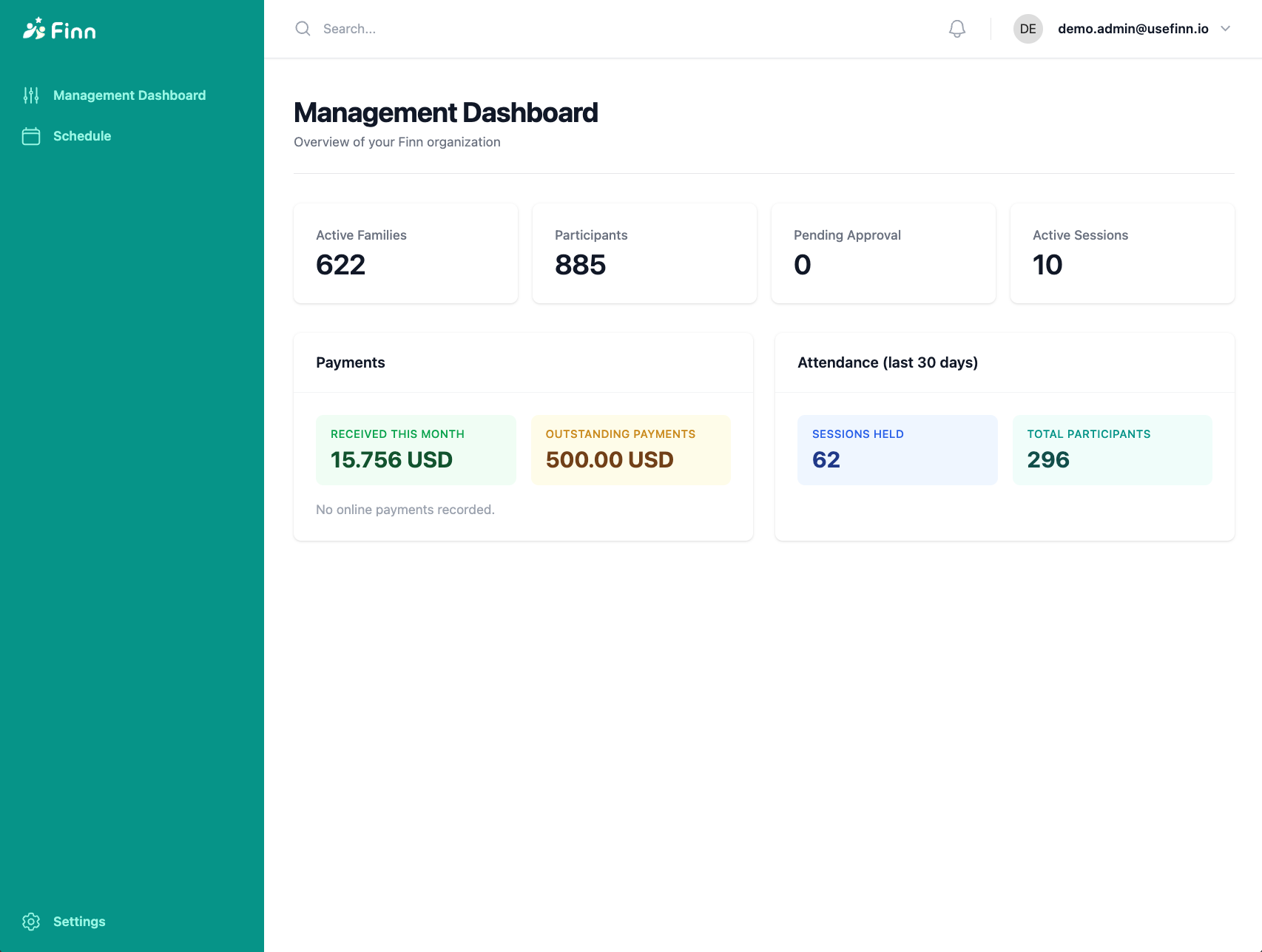 Admin dashboard in Finn