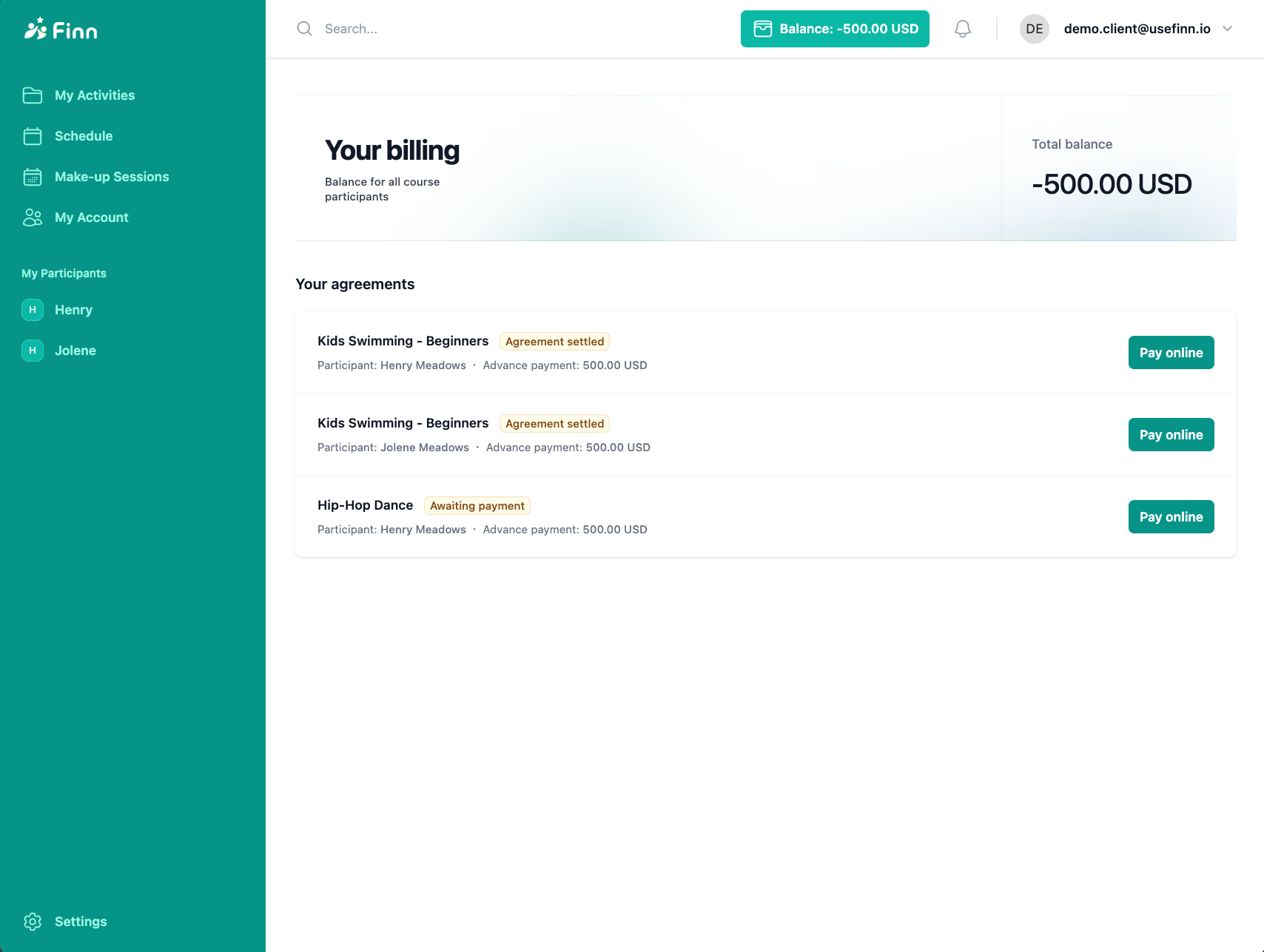 Payments view in Finn